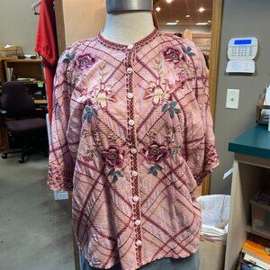 Johnny Was pink embroidered flower button down top